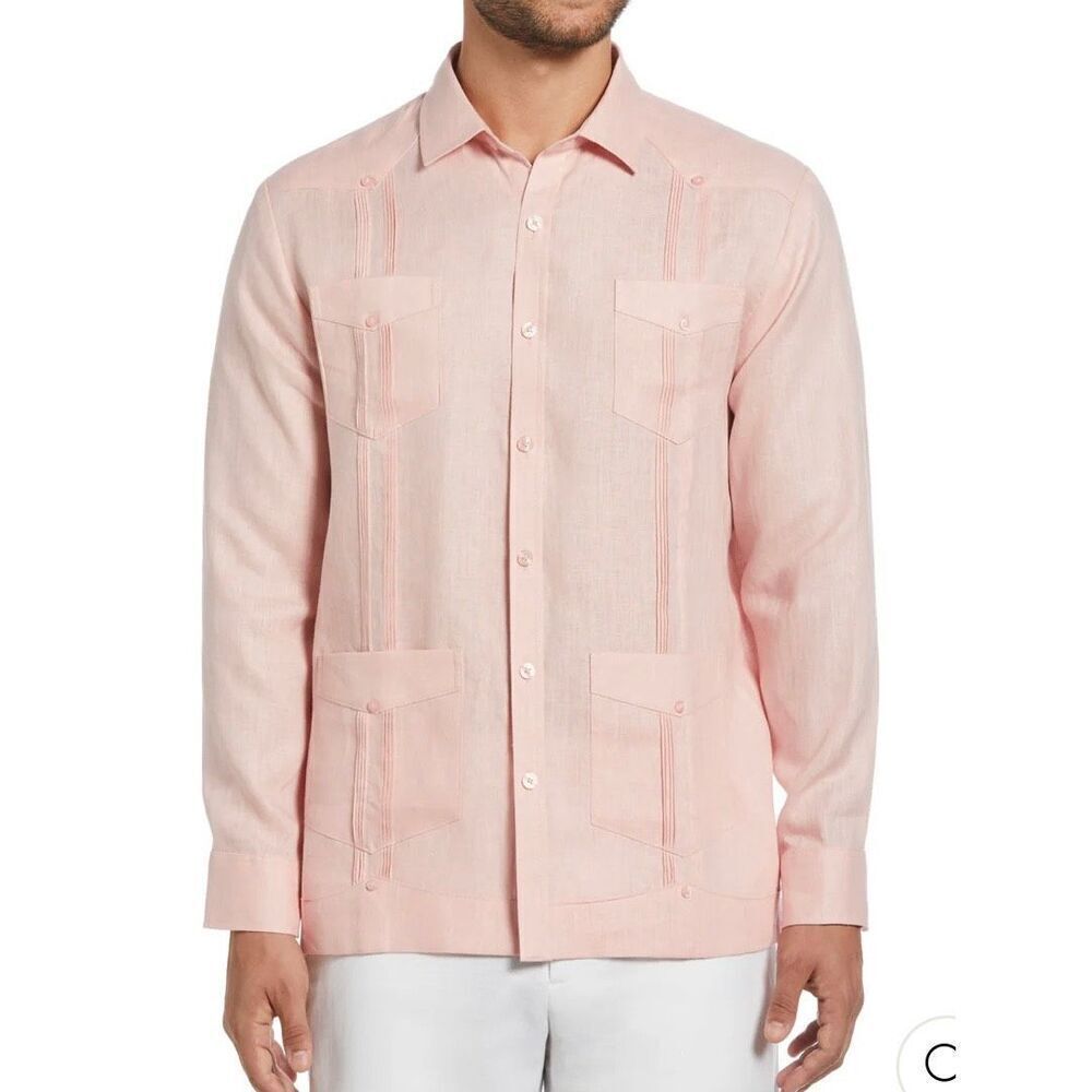 Cubavera 100% linen pink pleated tropical button down XL